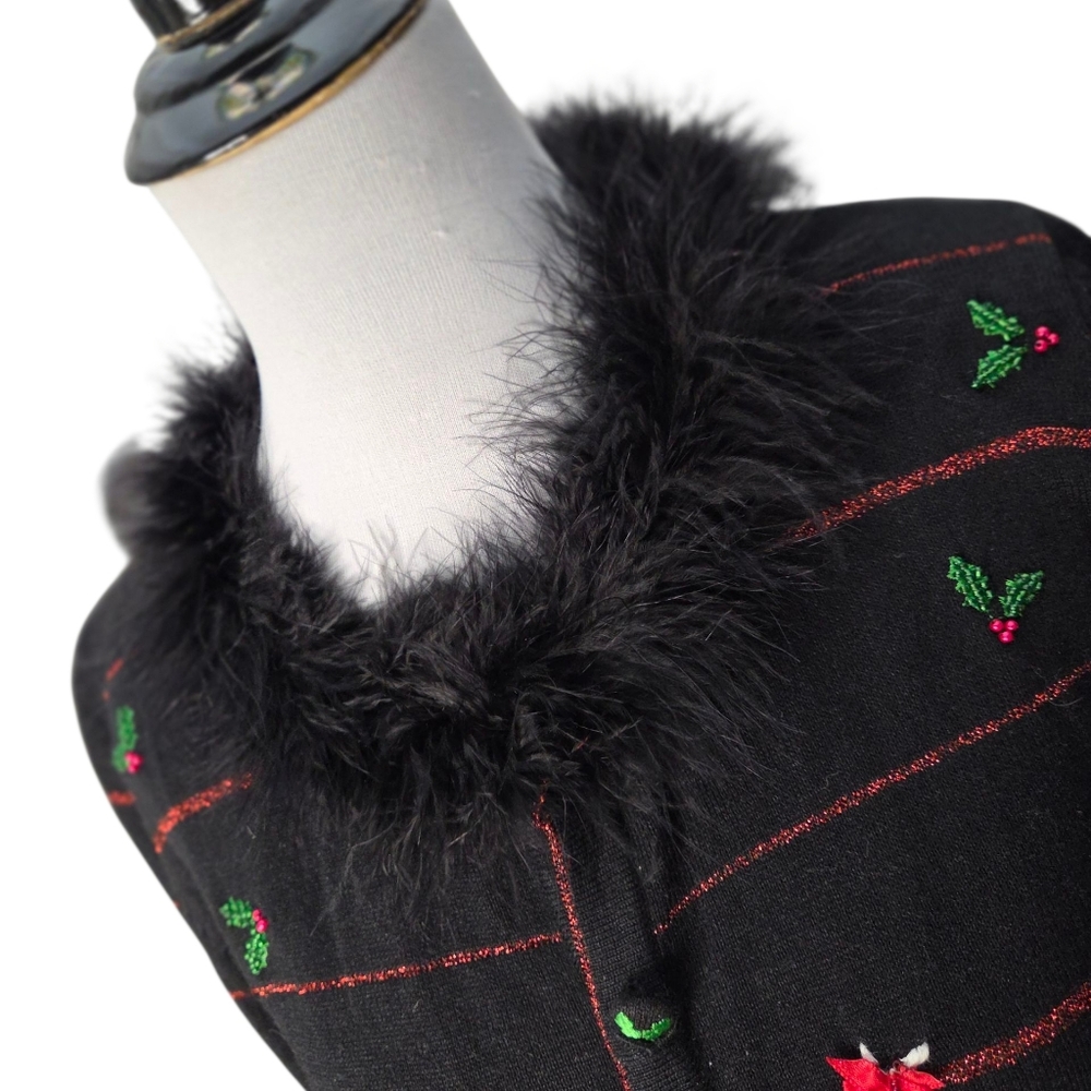 Berek Black Faux Feather Collar Sweater with Red and Green Embroidery Size Small